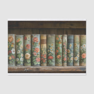 A Row of Old Books with Embellished Flowers Tissue Paper