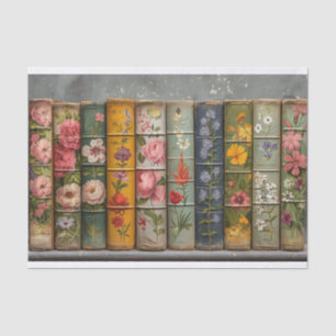 A Row of Old Books with Embellished Flowers Tissue Paper