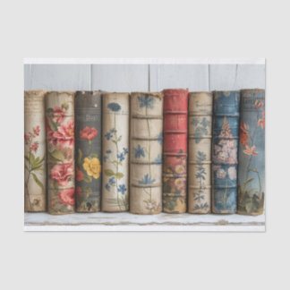 A Row of Old Books with Painted Flowers Tissue Paper