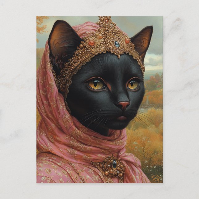 A Royal Black Cat in Pink Robes and Gold Crown Postcard (Front)