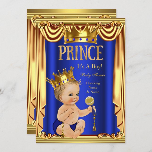 A Royal Blue Prince Baby Shower Gold Boy Blonde Invitation (Front/Back)