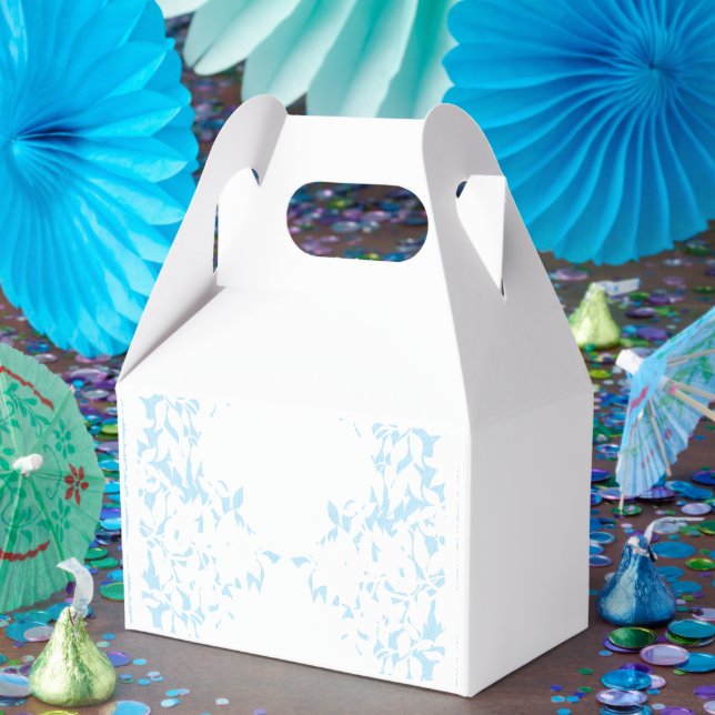 A rug featuring a blue and white creative arts mot favour box (Party)