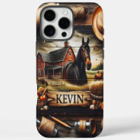 A Rustic Farm Scene With A Horse, A Red Barn, And