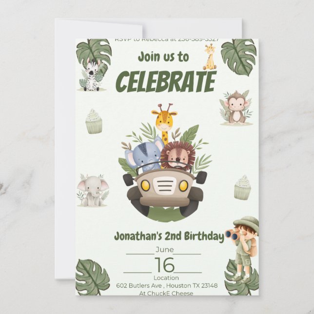 A Safari Animals Birthday Party Invitation  (Front)
