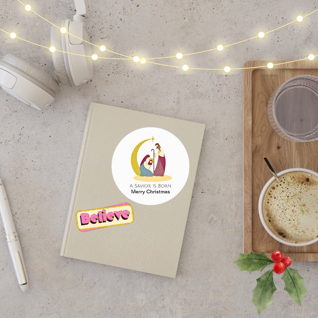 A Saviour Is Born Merry Christmas Nativity Classic Round Sticker (Simple Christmas Nativity Stickers)