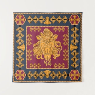A scarf with a big lion head in a golden colour. S Tapestry
