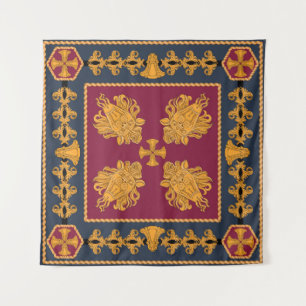 A scarf with a pattern of gold heads of lions and  tapestry