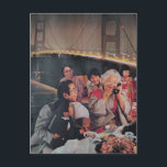 A Scenic Dinner at the Bridge at Night Postcard<br><div class="desc">A collage made and photographed by Angelandspot in the year 2026 with vintage images from a magazine of a family eating dinner and a bridge at night</div>