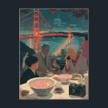 A Scenic Dinner at the Bridge Postcard<br><div class="desc">A collage made and photographed by Angelandspot in the year 2026 with vintage images from a magazine of a family eating dinner and a bridge and then turned into an illustration with an AI art generator</div>