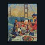 A Scenic Dinner at the Bridge Postcard<br><div class="desc">A collage made and photographed by Angelandspot in the year 2026 with vintage images from a magazine of a family eating dinner and a bridge and then turned into an oil painting with an AI art generator</div>