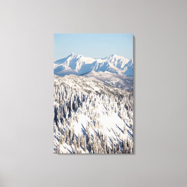A Scenic View of Snowy Mountains and Trees. Canvas Print (Front)