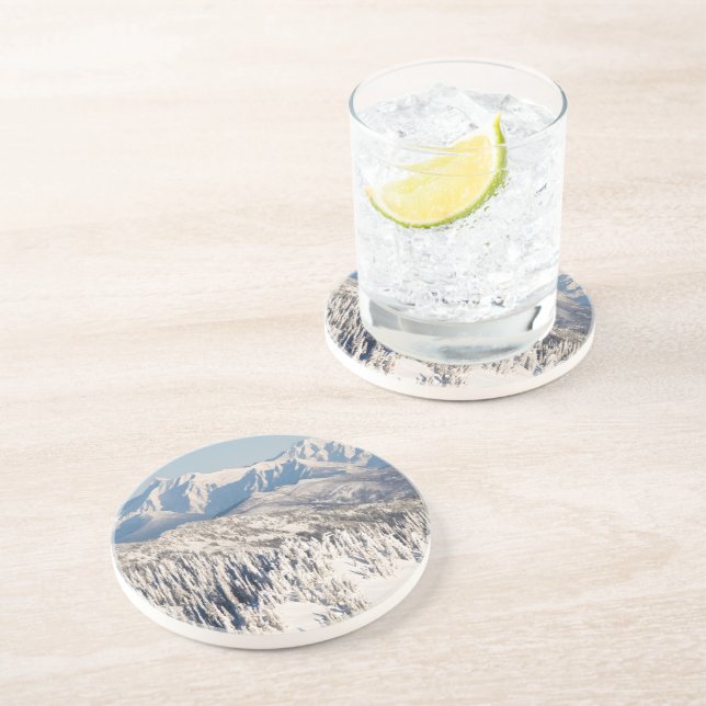 A Scenic View of Snowy Mountains and Trees. Coaster (Side)