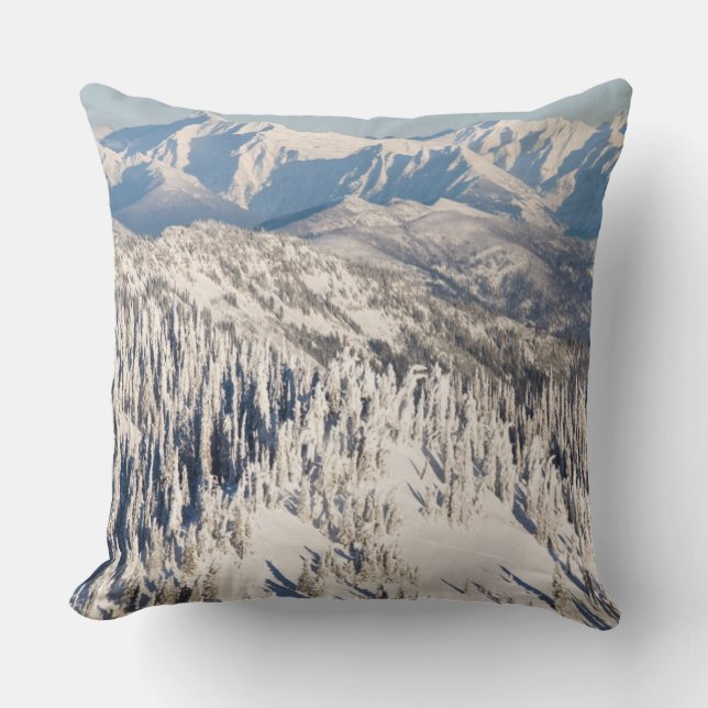 A Scenic View of Snowy Mountains and Trees. Cushion (Front)
