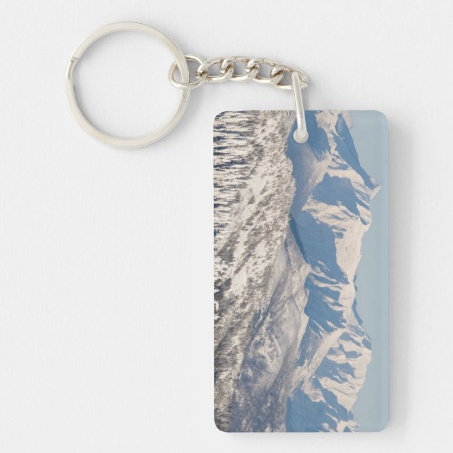 A Scenic View of Snowy Mountains and Trees. Key Ring (Front)
