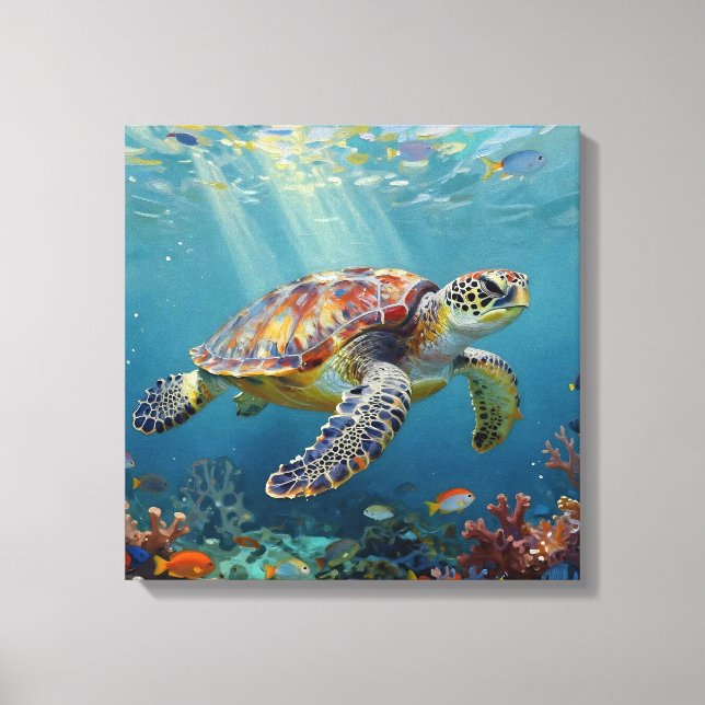 A Sea Turtle and Sun Rays in the Ocean Blue Canvas Print (Front)