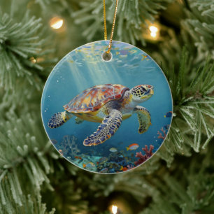 A Sea Turtle and Sun Rays in the Ocean Blue Ceramic Tree Decoration
