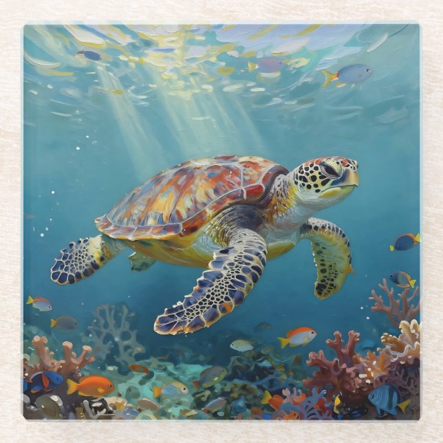 A Sea Turtle and Sun Rays in the Ocean Blue Glass Coaster (Front)