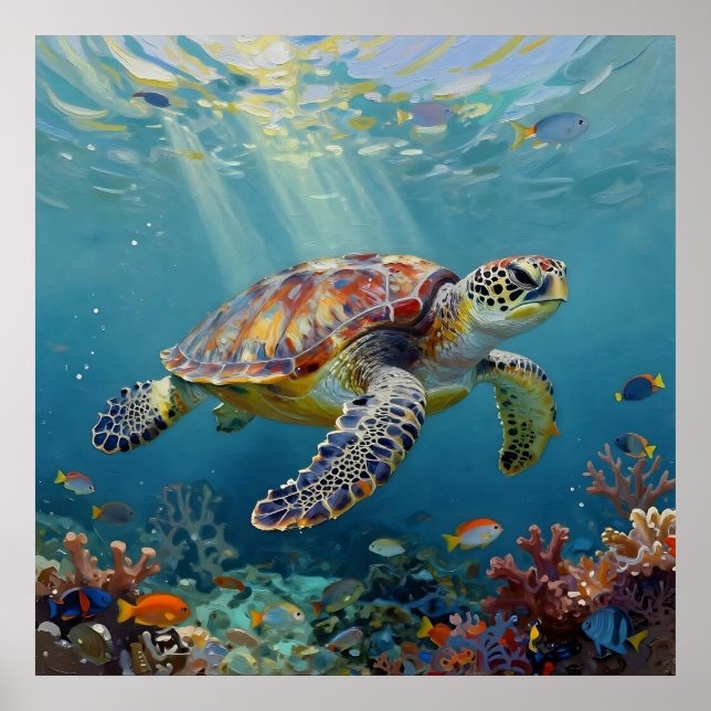 A Sea Turtle and Sun Rays in the Ocean Blue Poster (Front)