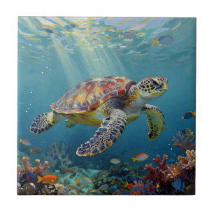 A Sea Turtle and Sun Rays in the Ocean Blue Tile