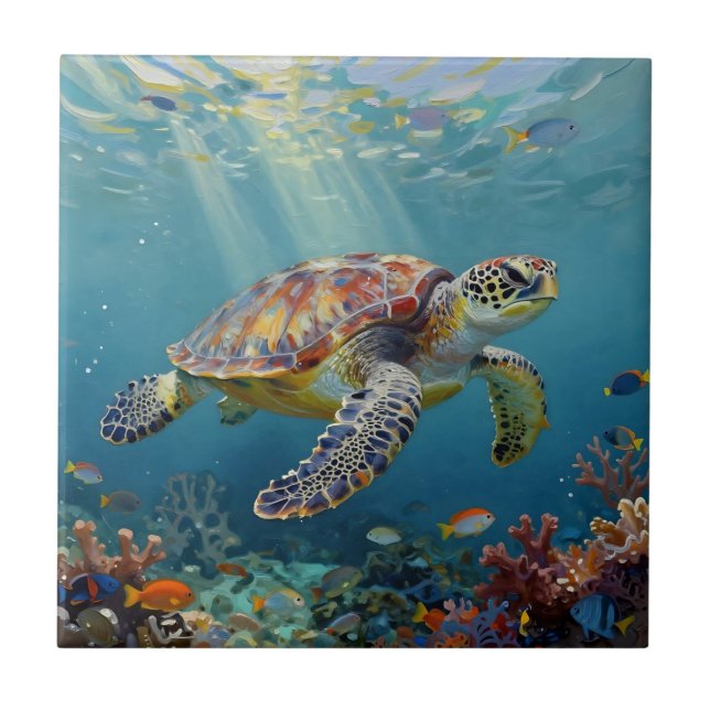 A Sea Turtle and Sun Rays in the Ocean Blue Tile (Front)