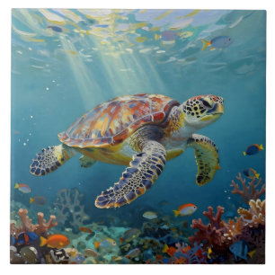 A Sea Turtle and Sun Rays in the Ocean Blue Tile