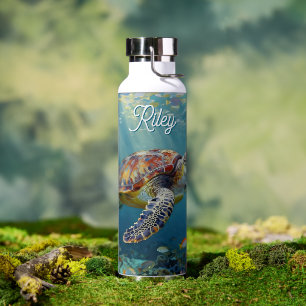 A Sea Turtle and Sun Rays in the Ocean Blue Water Bottle