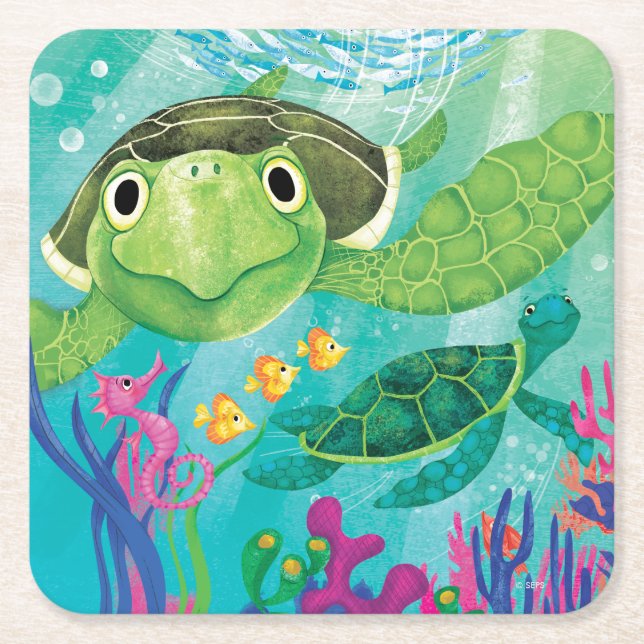 A Sea Turtle Rescue Square Paper Coaster (Front)
