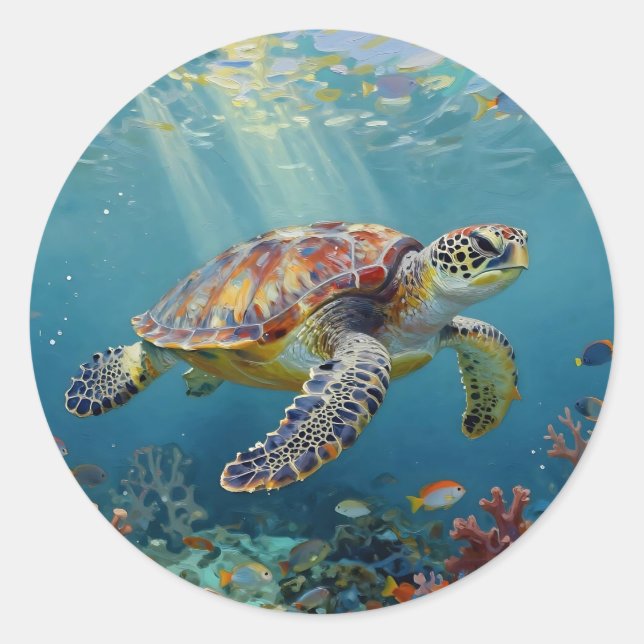 A Sea Turtle Themed Teal Classic Round Sticker (Front)