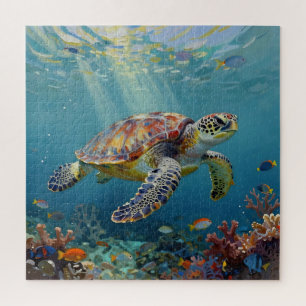 A Sea Turtle Themed Teal Jigsaw Puzzle