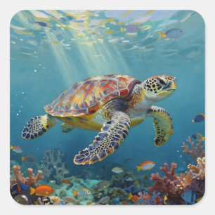 A Sea Turtle Themed Teal Square Sticker