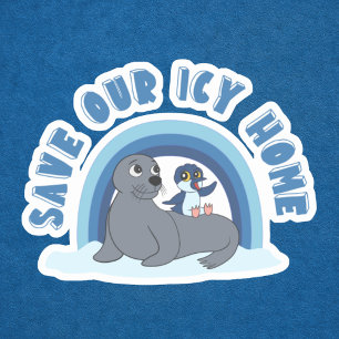 A seal and a penguin "Save Our Icy World" cartoon