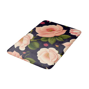 A seamless pattern with pink roses on a dark backg bath mat