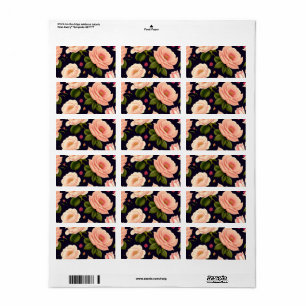 A seamless pattern with pink roses on a dark backg label