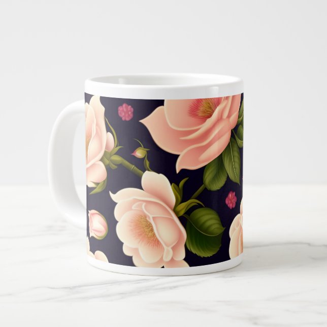 A seamless pattern with pink roses on a dark backg large coffee mug (Front Left)