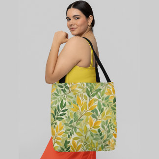 A seamless pattern with various green and yellow tote bag