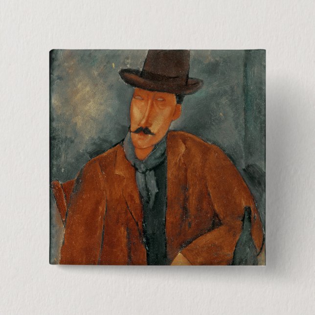 A seated man leaning on a table 15 cm square badge (Front)