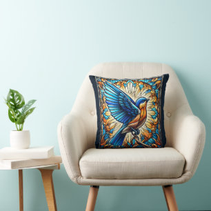 A Serene Bluebird: Stained Glass Artwork Cushion