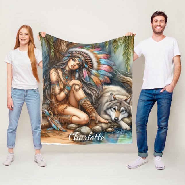 A serene moment between a Native Indian and a wolf Fleece Blanket (In Situ)