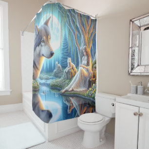 A serene moment between a Native Indian and a wolf Shower Curtain