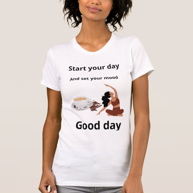 "A Serene Morning Ritual: Coffee and Yoga in Earth T-Shirt (Front)