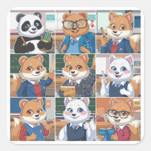 A Set of 9 Back to School Cute Animal Square Sticker