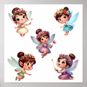 A set of magical little cartoon Fairies Poster