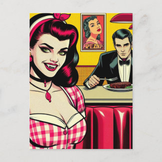 A sexy Vampire dressed in pink at the retro diner Postcard