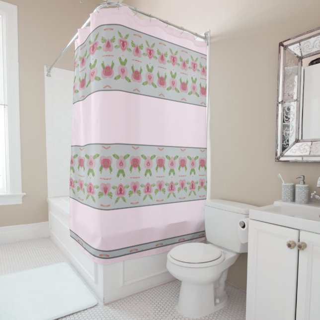 A Shabby Chic Pink Floral Shower Curtain (In Situ)
