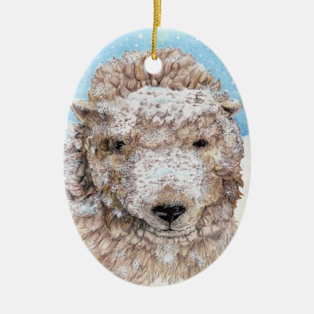 A Sheep in Snow Ceramic Tree Decoration (Front)