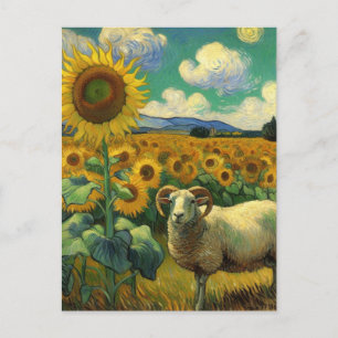A Sheep with horns in the Sunflower Field Van Gogh Postcard