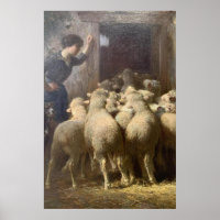A Shepherdess, Her Dog, and Sheep in Barn