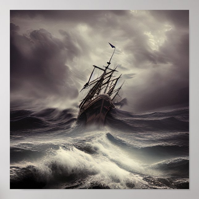 A ship in a storm at Wild Ocean Poster (Front)