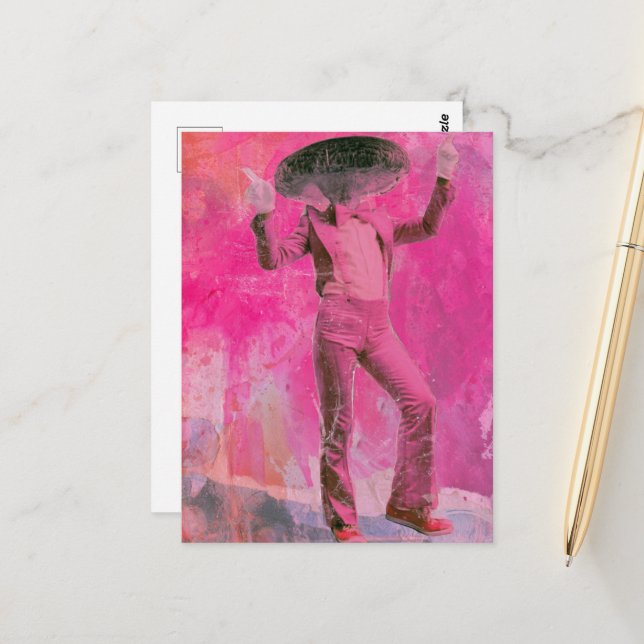 A silly funny retro dancing mushroom in pink postcard (Front/Back In Situ)