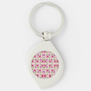 A silver teardrop keychain with a round pink